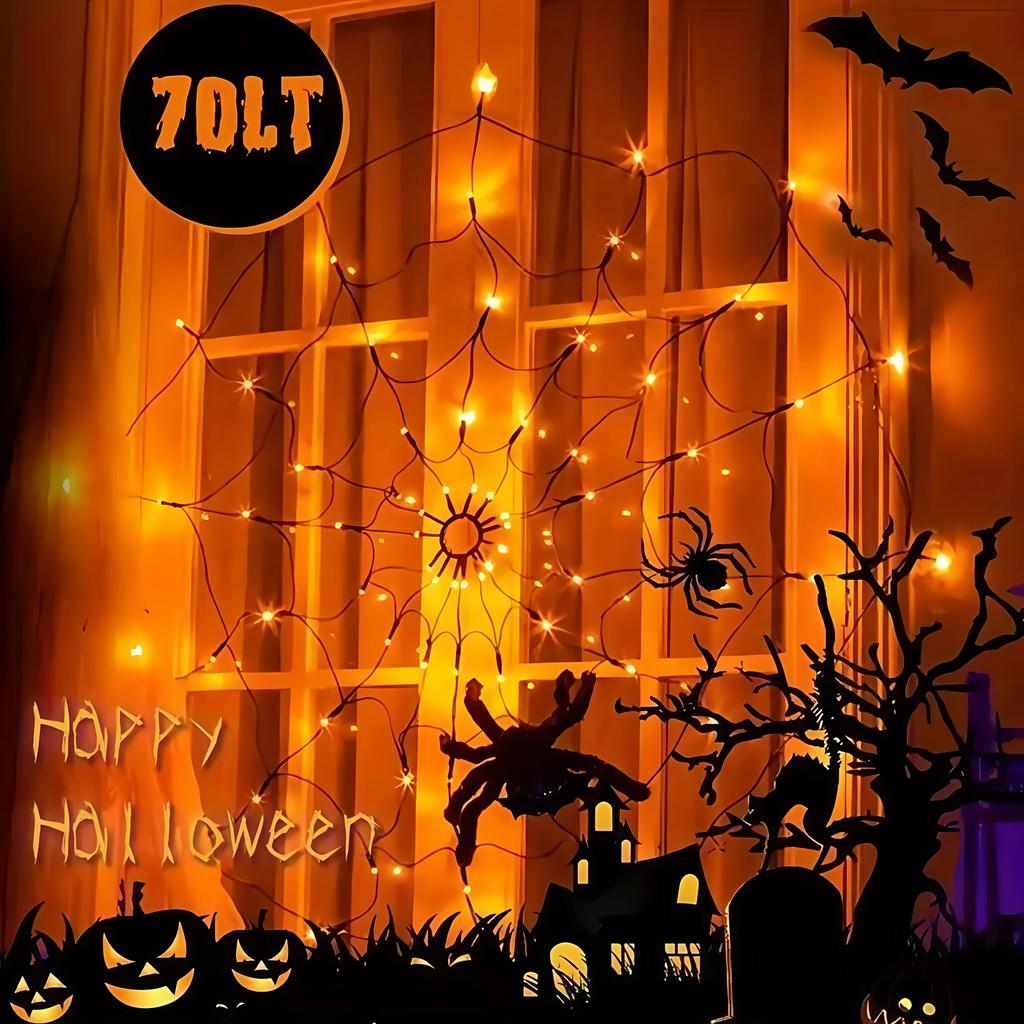 70LED Halloween Spider Web LED String Lights Battery Powered with 8 Lamp Mode for Haunted House Halloween Home Window Wall Decor
