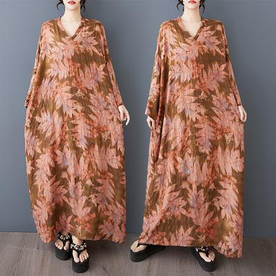 2025 Весна Плюс Размер Платье Женское Повседневное Платье Свободное Базовое Лист Принт Длинное Винтажное Льняное Платье