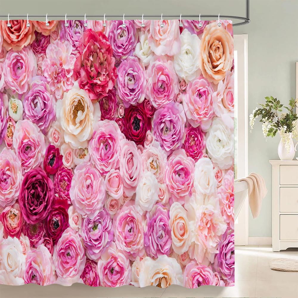 1Pcs Pink flower printing waterproof shower curtain, Rose flowers wall bathroom decorative curtain with plastic hooks