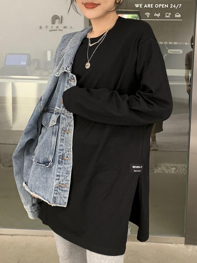 Осень 2025 г. Женская корейская однотонная футболка с длинными рукавами и разрезом - модный западный стиль