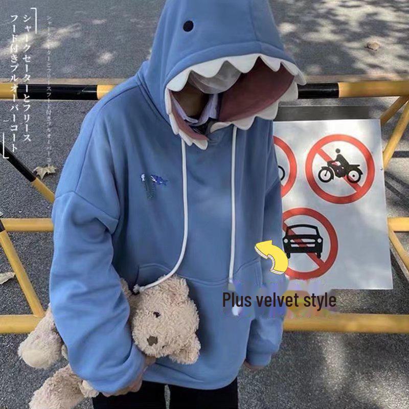 2023 Осень/Зима Бархатная толстовка с акулой для школьников и подростков – Креативная куртка для пары