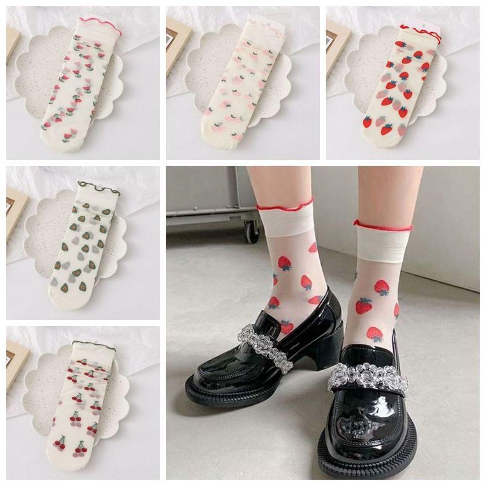 Персиковые Прозрачные Носки с Воланами в Виде Цветов Авокадо Фруктовые Сетчатые Тюлевые Носки Средней Длины Леди