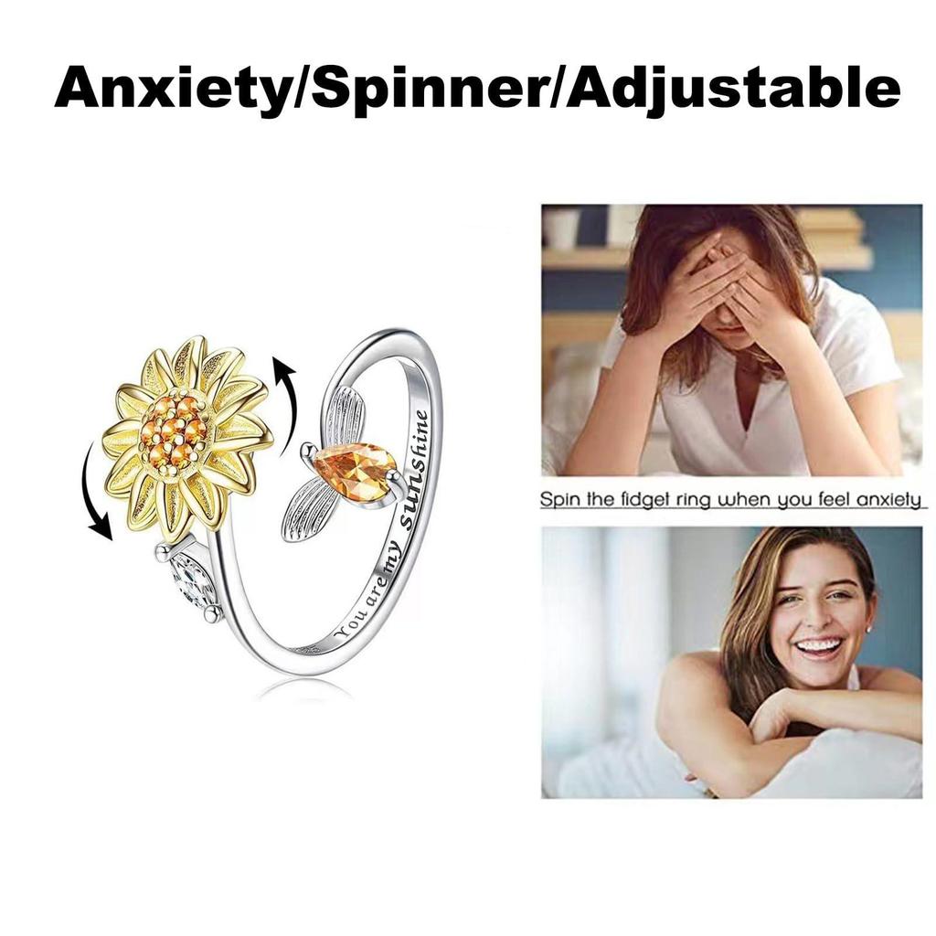 Women's Sunflower Diamond Bee Rotating Anti-stress Open Ring