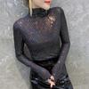 Spring Autumn Women's Turtleneck Tops Long Sleeve Elastic Bottoming T-Shirt Sexy Shiny Korean Sequined T Shirt Woman Tees Shirt