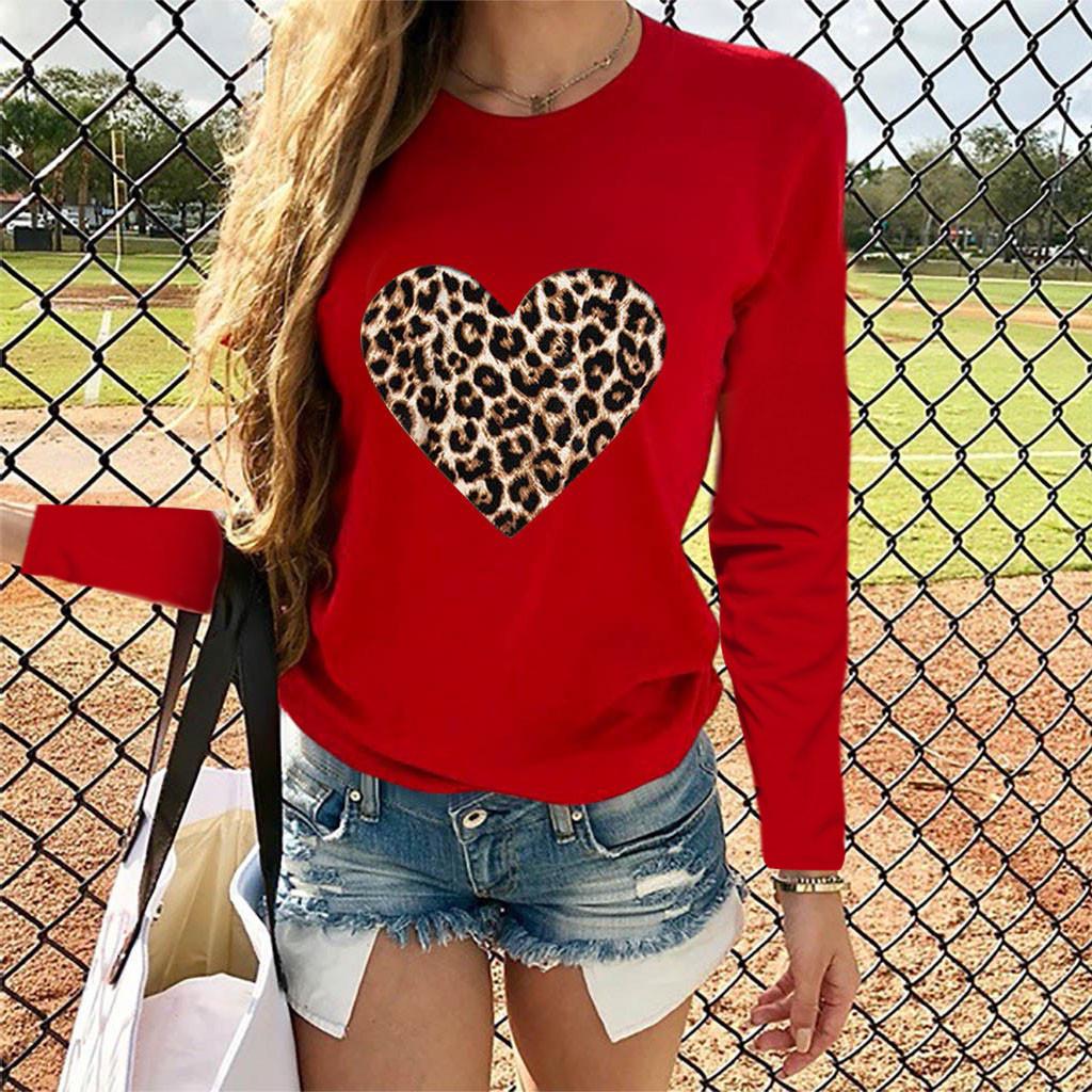 Women Casual Long Sleeve Leopard Print Heart-shaped Top
