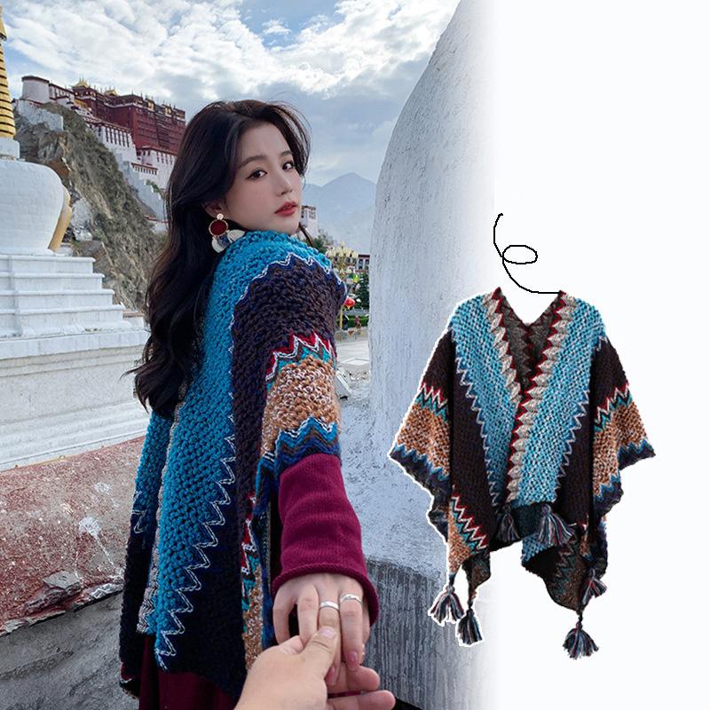 Ethnic Style Knitted Poncho Cape Vintage Bohemian Tassel Cloak Warm Shawl Travel Coat Cardigan Sweater