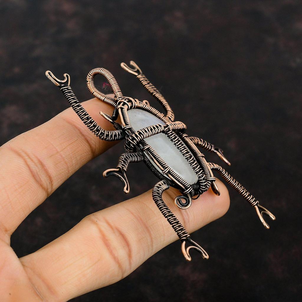 Подвеска из радужного лунного камня, медная подвеска, обмотанная проволокой, ручная работа, медные украшения, подвеска из натурального драгоценного камня, подарок для нее, ювелирные изделия в виде жука, обмотанная проволокой