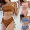 Sexy Women's Swimsuit Solid Color Ribbon Side Tie High Waist Bikini Set Beachwear Bathing Suits