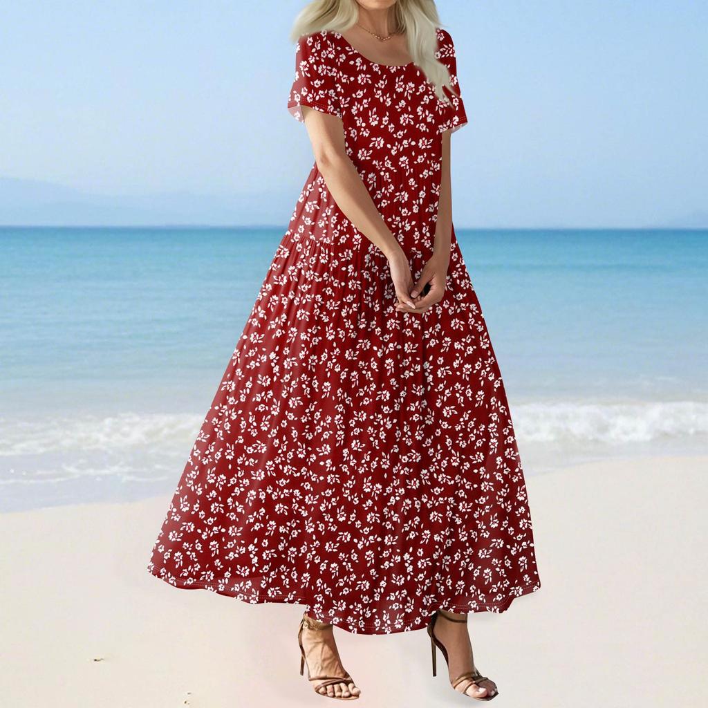 Women's Summer Casual Floral Print Short Sleeve O Neck High Waist A Line Tiered Flowy Boho Maxi Dress