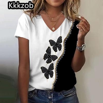 Простая графическая печать свободного покроя женская трендовая одежда новая женская футболка модная рубашка с коротким рукавом женская блузка с V-образным вырезом 2025