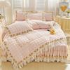 Розовый Корейский Принцессный Стиль Постельный Комплект Цветы Кружево Рюши Вышивка Стеганый Толстый Пододеяльник Покрывало Юбка для Кровати Наволочки