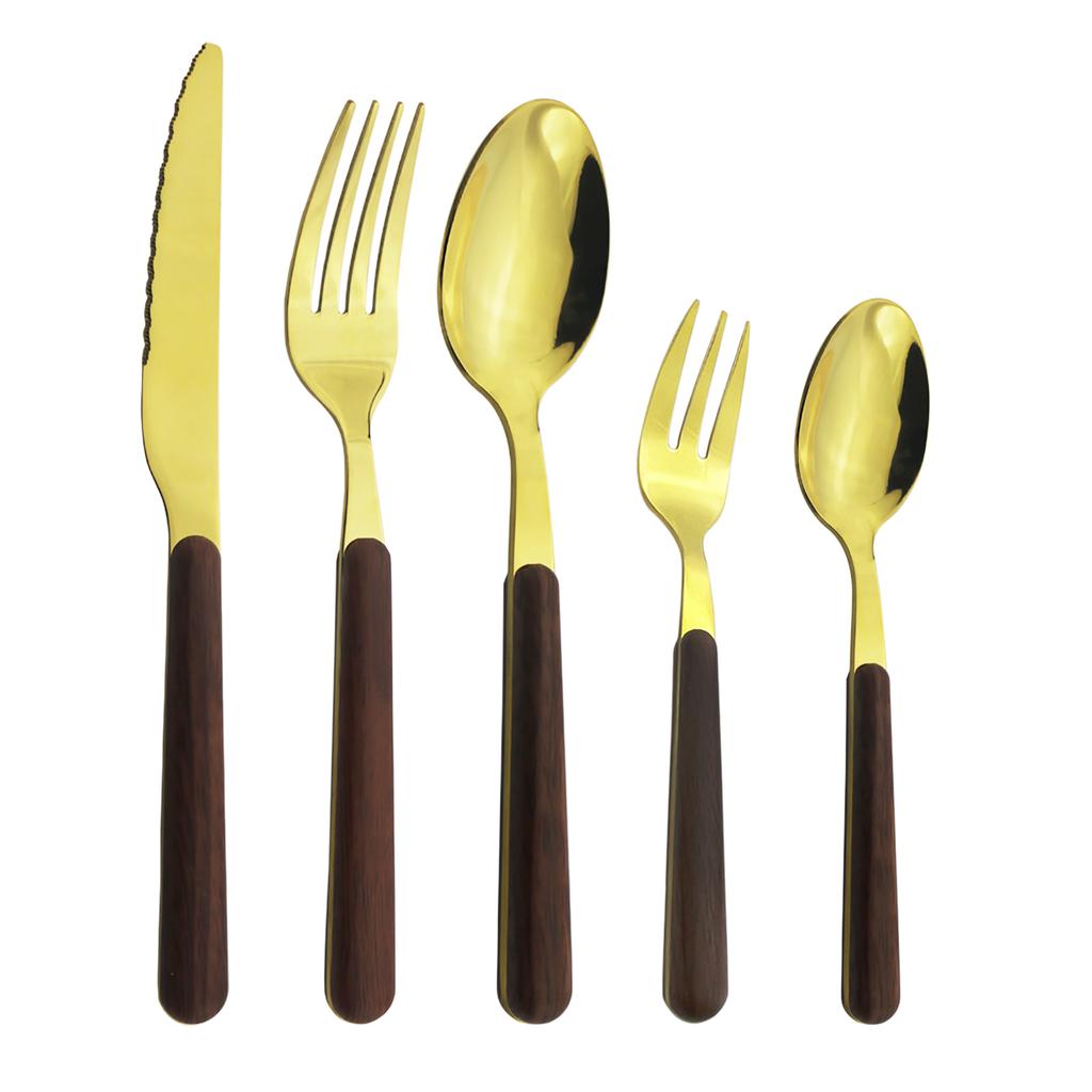 Деревянная ручка с нержавеющей сталью столовый набор серебряные золотые столовые приборы столовая чайная ложка вилка для торта толстая ручка для ежедневного использования