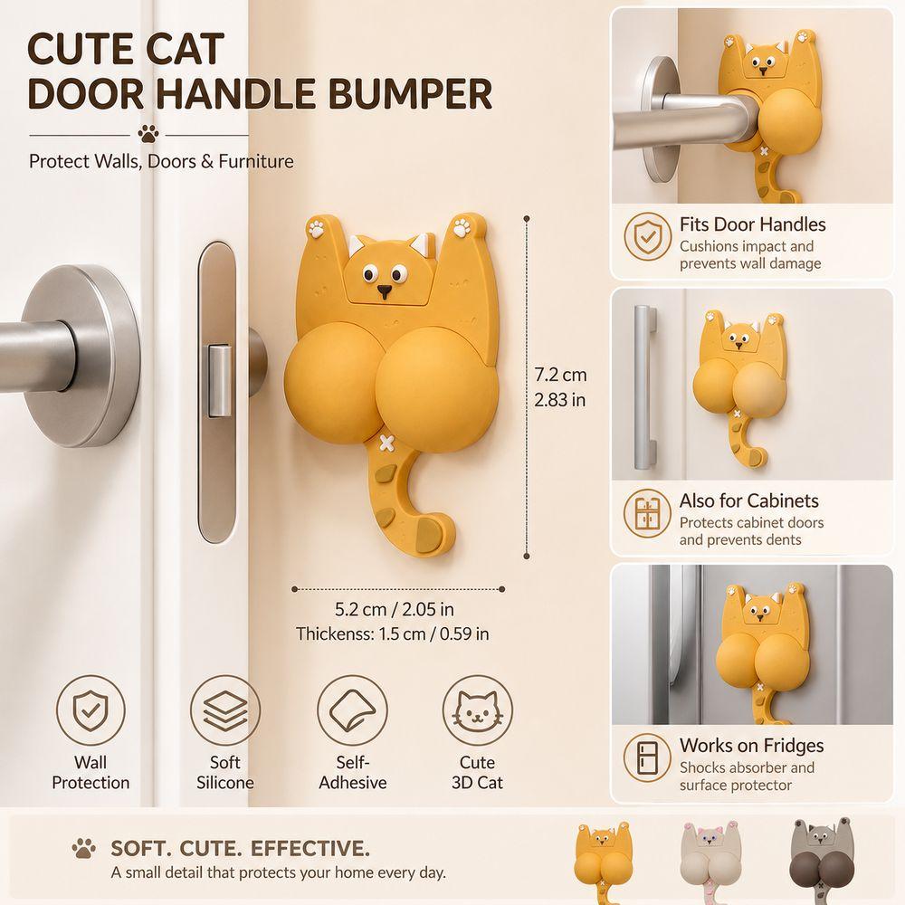 3D Cat Shape Door Handle Protection Mat Self Adhesive Wall Protector Pad Home Safety