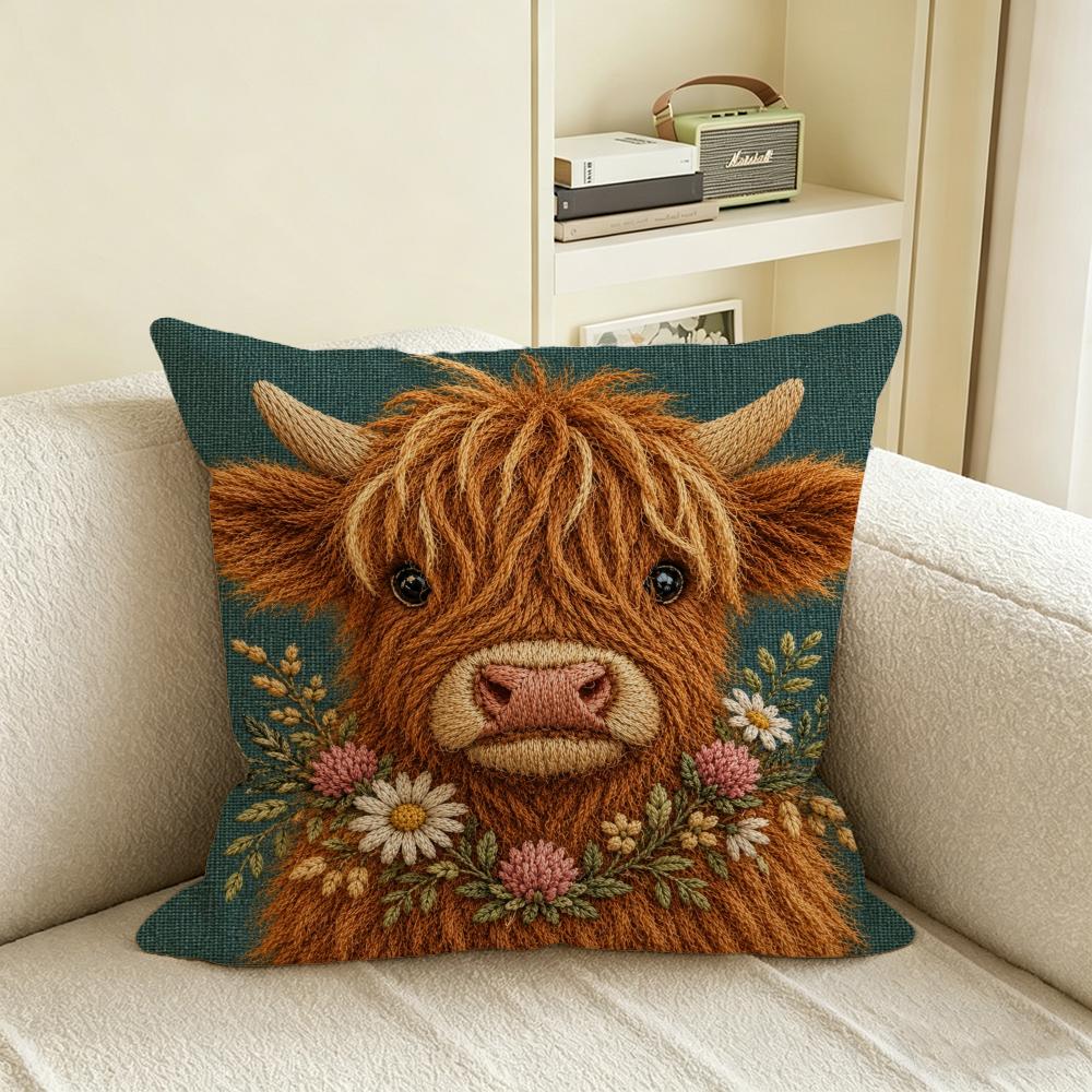 Animal D FlatPrinted Highland Cow Cushion Cover Natural Linen Pillowcase Set AllinOne Decor for Sofa Bedroom Chair