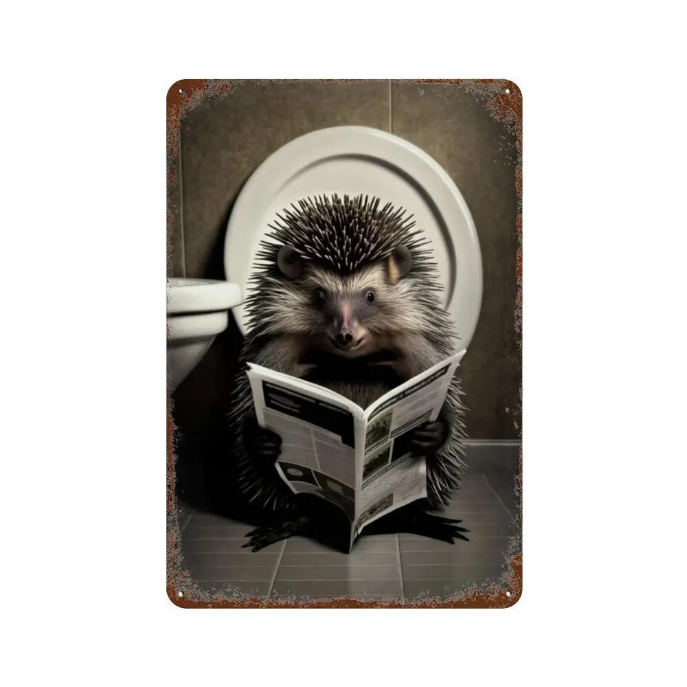 Забавная ванная комната, юмористический декор в виде животных, медведь, собака, тигр, сидящий на унитазе, читающий плакат, художественная металлическая жестяная вывеска, табличка для туалета, дома