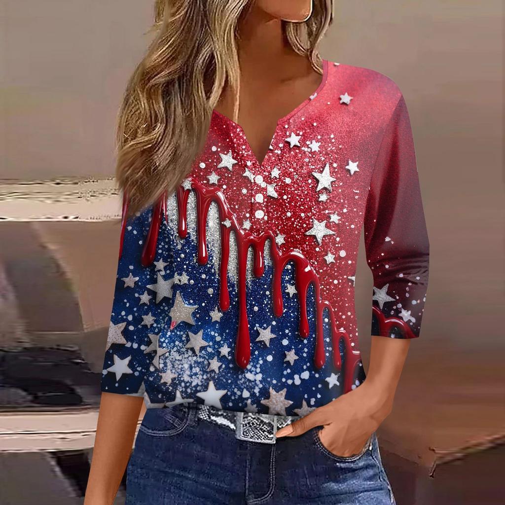 Жен. Футболка С принтом Пуговицы Рукав 3/4 Повседневные Выходные Мода Классический Классический V-образный вырез Обычный Верх
