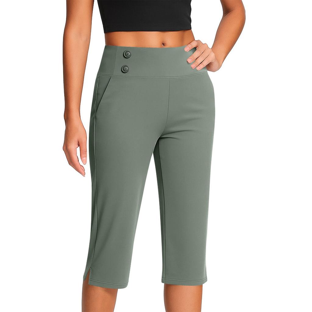 Women's Fashionable Solid Color Button Pocket Pants With Split Hems High Waist Sports Yoga Casual Cropped Pants
