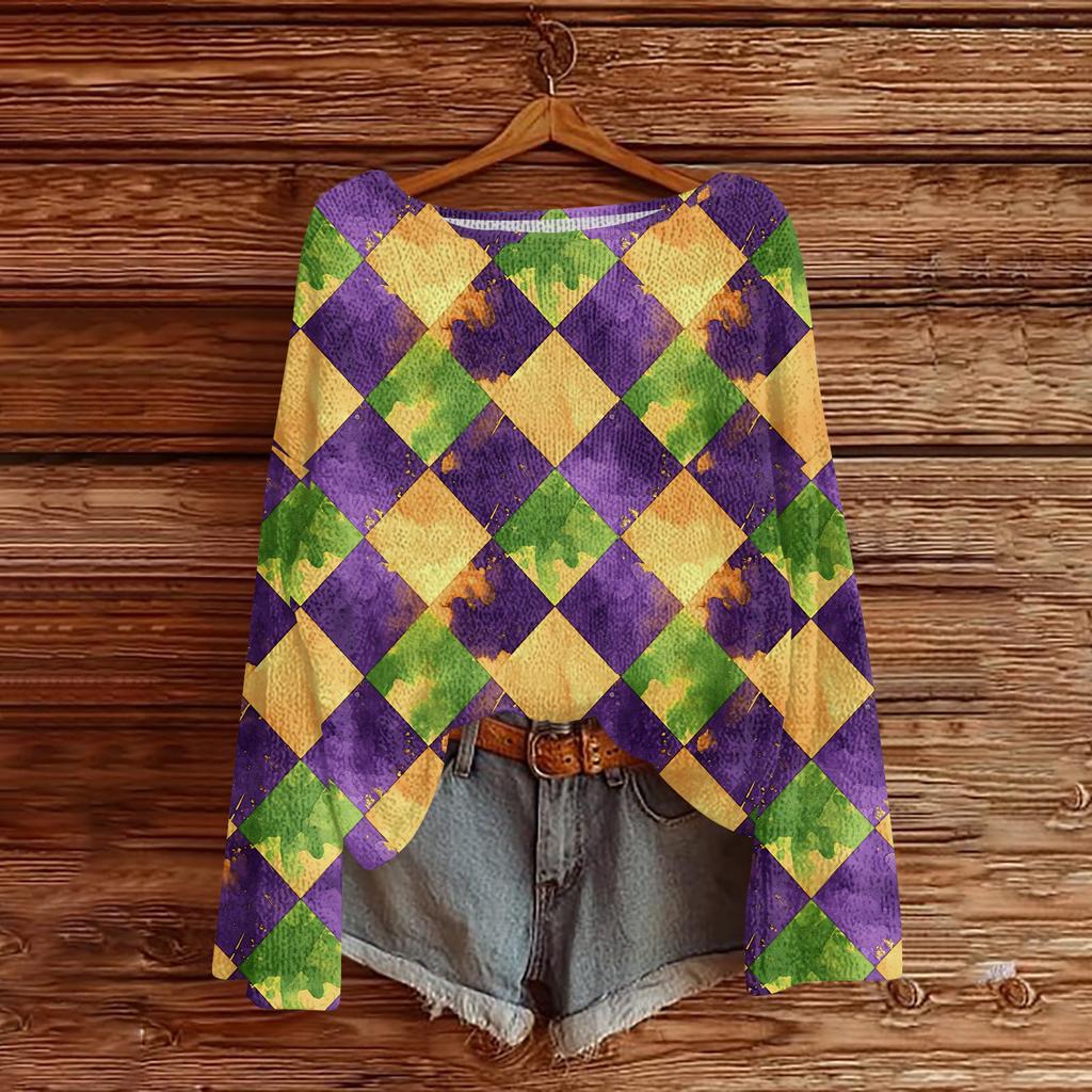 Women's Casual Fashion Round Neck Top Carnival Print Long Sleeve Knit Pullover