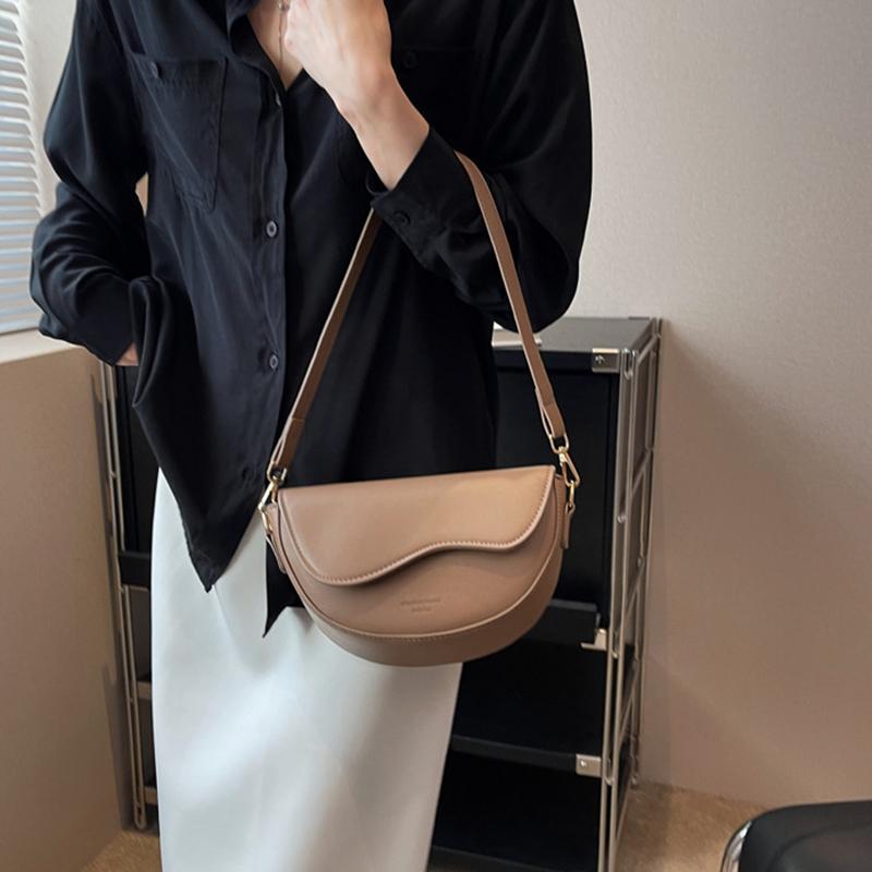 Women Vintage Solid Color Flap Small Saddle Shoulder Underarm Bag Fashion PU Leather Wide Strap Crossbody Bag