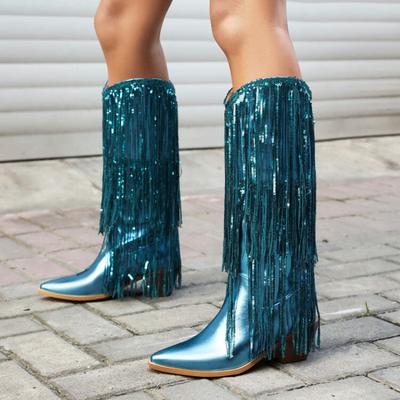 Женские сексуальные блестящие сапоги на толстом каблуке с кисточками, модные роскошные дизайнерские женские сапоги до колена, стильные заостренные женские сапоги-челси для подиума
