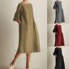 Large Size Women's Casual Round Neck Mid Sleeved Cotton and Linen Pocket Dress