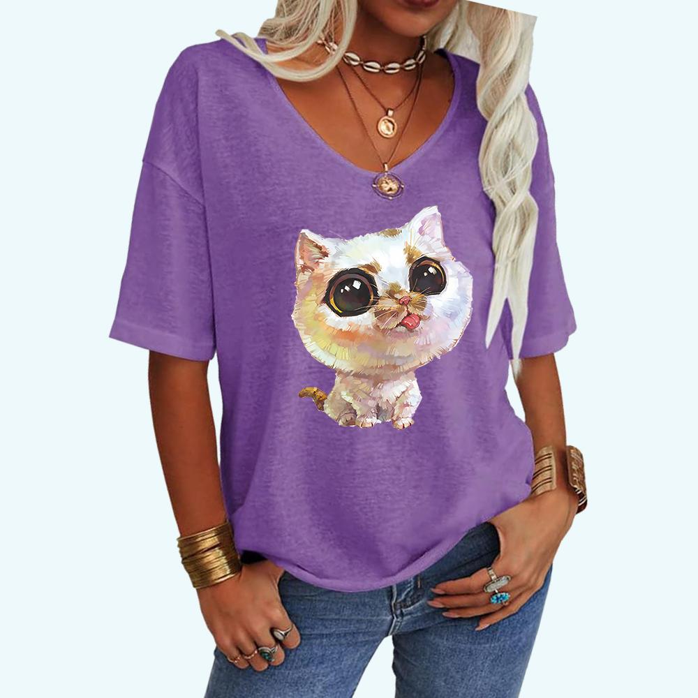 Женская модная футболка с принтом кота, летняя повседневная футболка с V-образным вырезом, свободная футболка с коротким рукавом