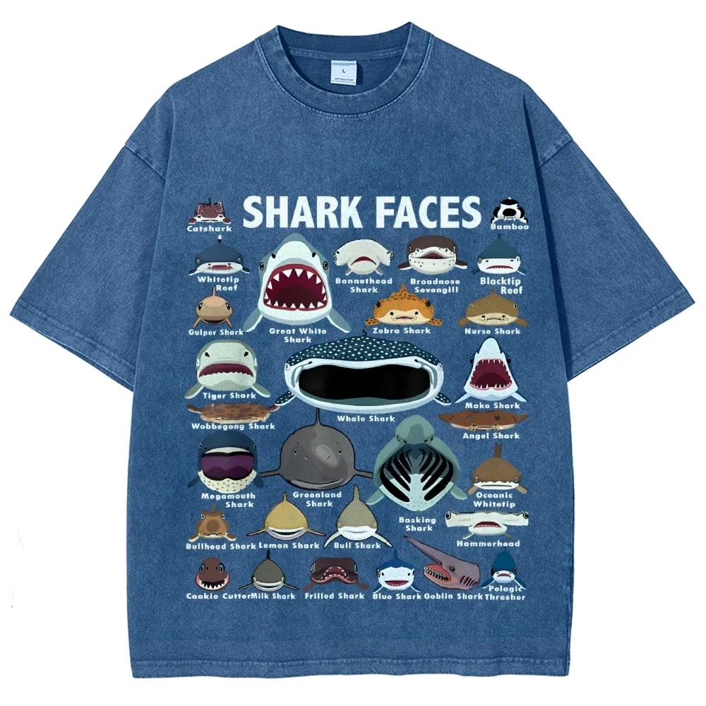 Vintage-style Men's and Women's T-shirts with Various Shark Prints High-quality Washed and Distressed Casual Short Sleeves