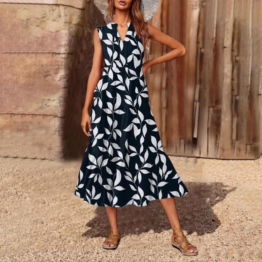 Women's Casual And Fashionable V-neck Sleeveless Printing Mid Length Dress
