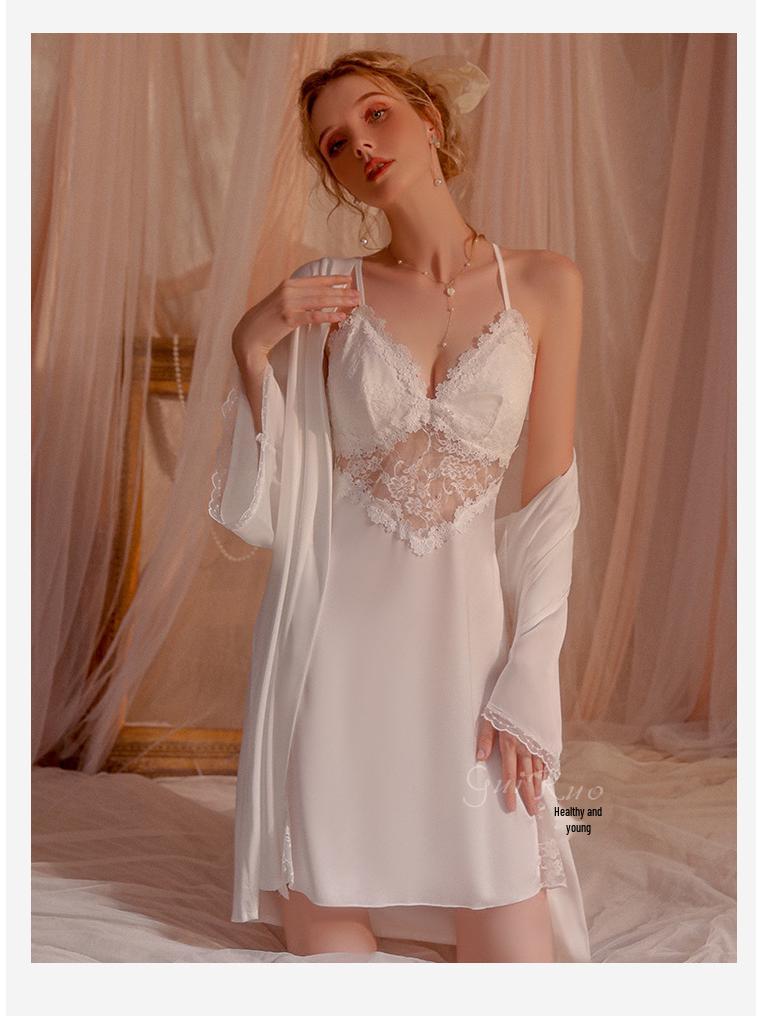 Атласная ночная сорочка без спинки с глубоким V-образным вырезом с подкладкой и комплект халата с поясом