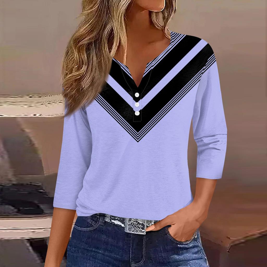 Жен. Футболка Футболка С принтом Пуговицы Рукав 3/4 Повседневные Выходные Мода Классический Классический V-образный вырез Обычный Верх