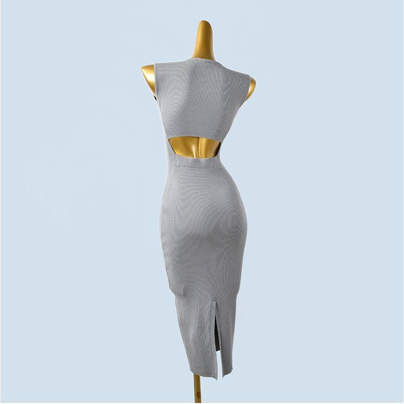 Trade Order U Collar European and American Sleeveless Open Waist Slim Fit Split Knitted Sheath Mid-Length Women Slimming Dress Spring and Autumn