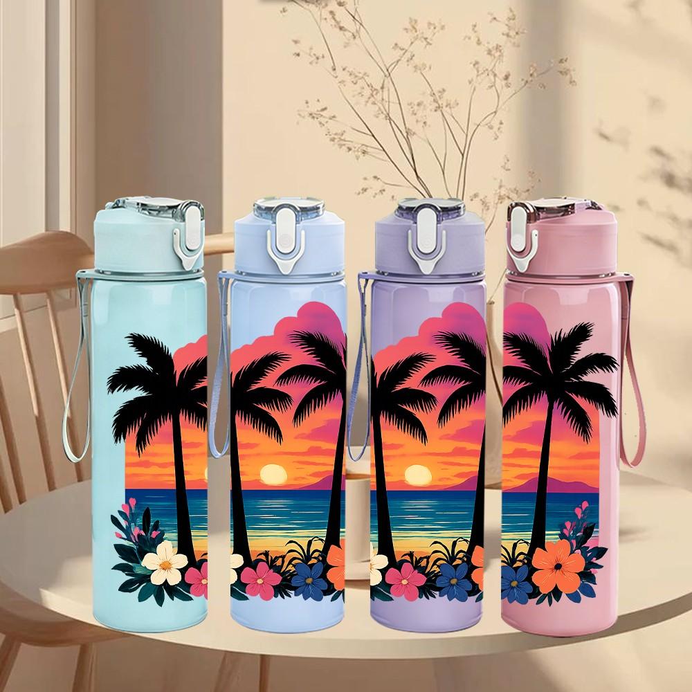 1PC Palm Tree Sunset Beach Pattern 750ml Color Plastic Sports Water Bottle Leakproof Flip Straw Lid Suitable for Sports Office Home Use
