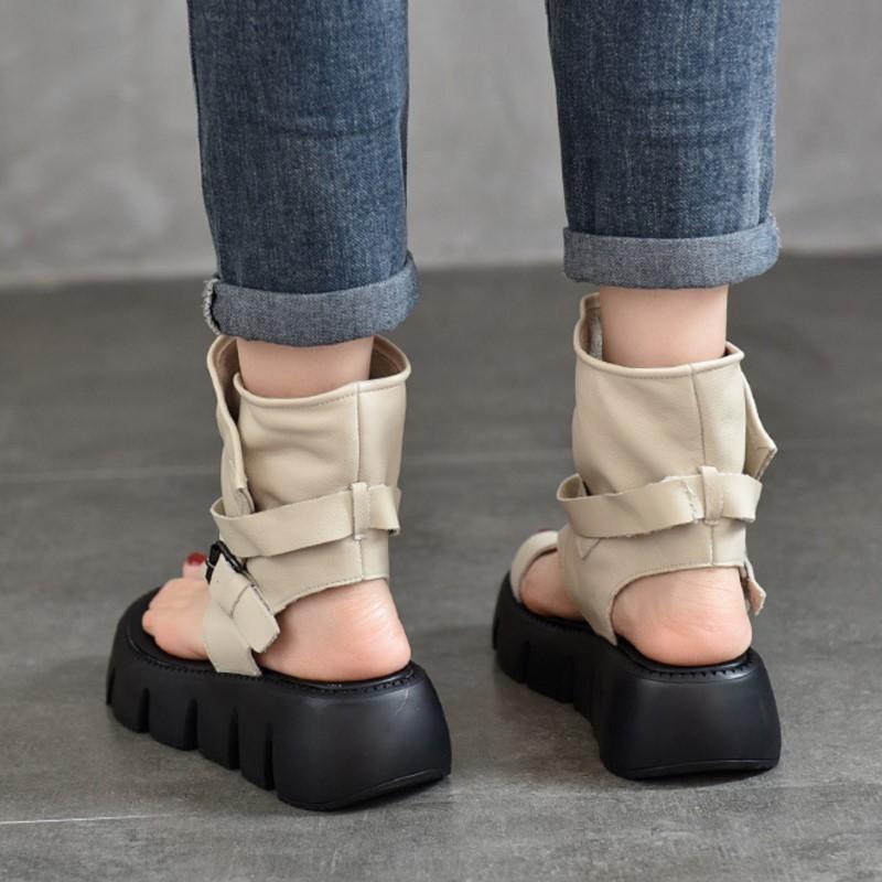 Johnature Peep Toed Thick Soled Women's Sandals Genuine Leather Belt Buckle Roman Platform Shoes
