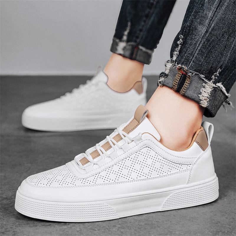 Leather Punching Breathable Little White Shoes Spring Youth Casual Versatile Sports Flat Baseplate Shoes 2024 New Men's Shoes