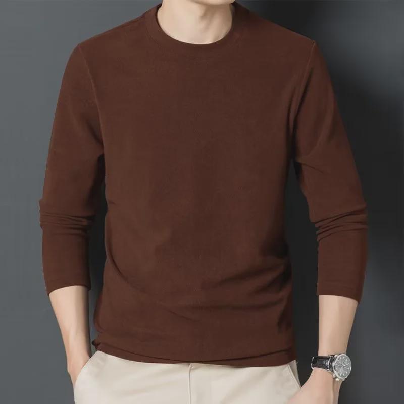 Men's Wool Sweater with Medium Collar & Long Sleeves, Brushed Inner Layer, Half-High Collar Solid Color Shirt