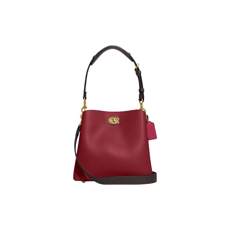 New COACH Willow Pebbled Leather Bucket Bag, Shoulder Bag, Crossbody Bag Medium Women's Cherry Red C3766-B4CY