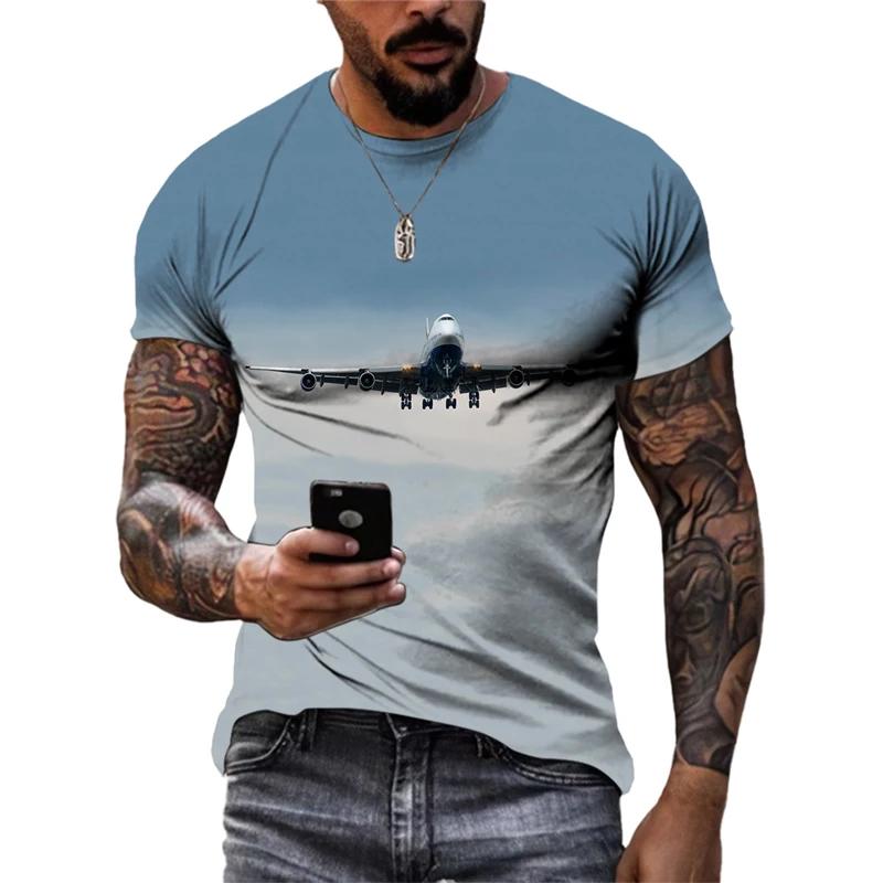 Men Summer Trend Casual Fun Round Neck Short Sleeve Fashion New 3D Printed Airplane Graphic T Shirts for Streetwear Tees Tops