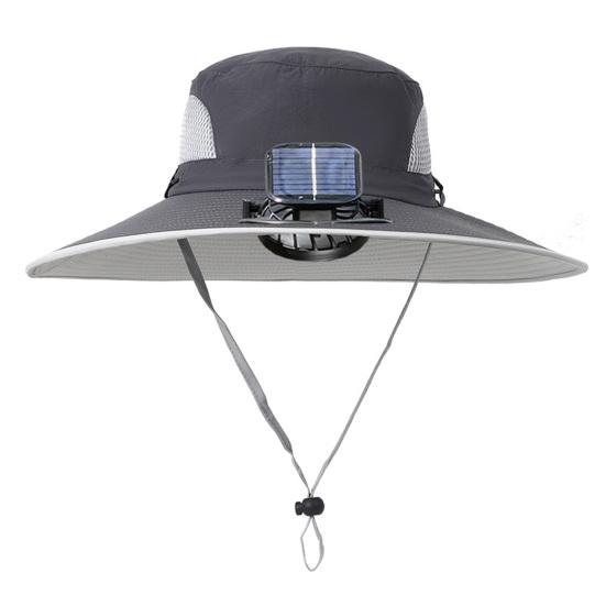 Men Outdoor Hat with Detachable Solar Fan Large Brim Windproof Strap USB Charging Anti-UV Sunlight Protection Hollow Mesh Great Breathability