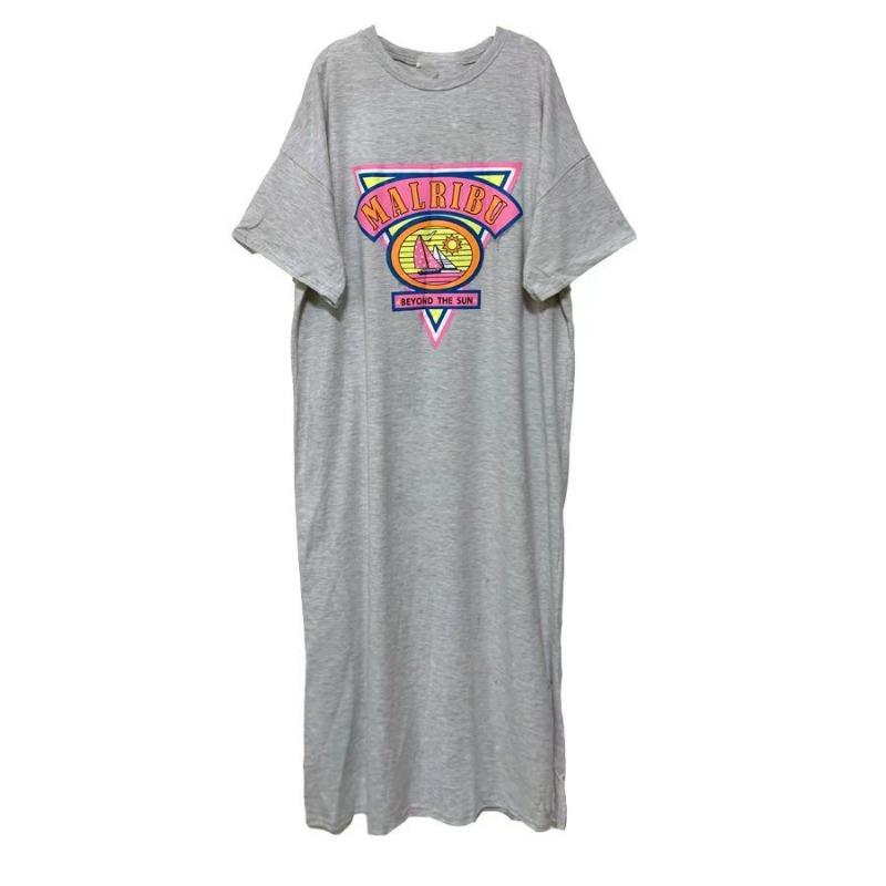 Женское платье-футболка с короткими рукавами, летнее, свободное, утягивающее, с разрезом, средней длины, выше колена, повседневное платье