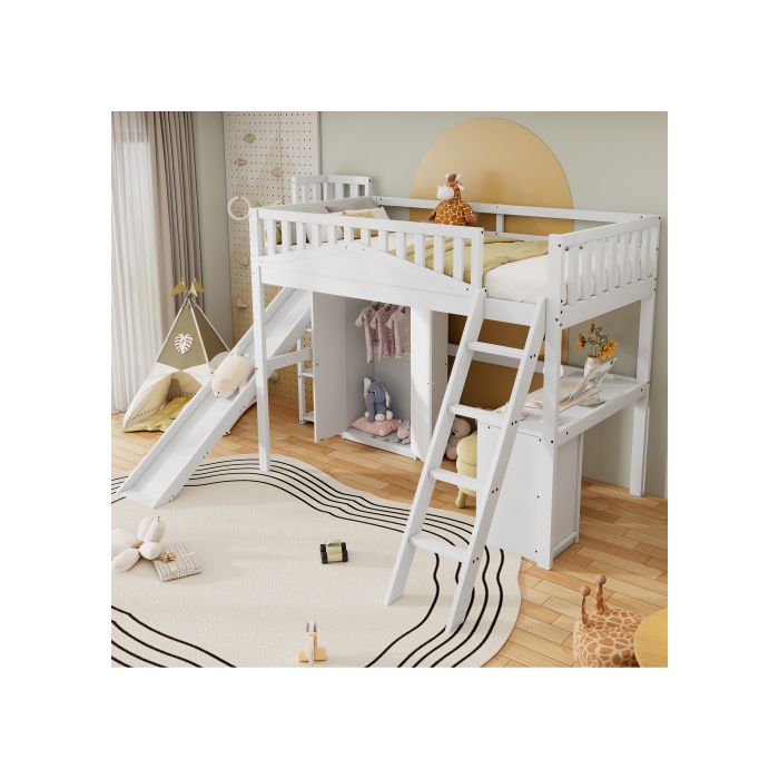 Lit superposé - MUVOE - 90x200 cm - Blanc - Avec table et armoire - Sécurisé EN747