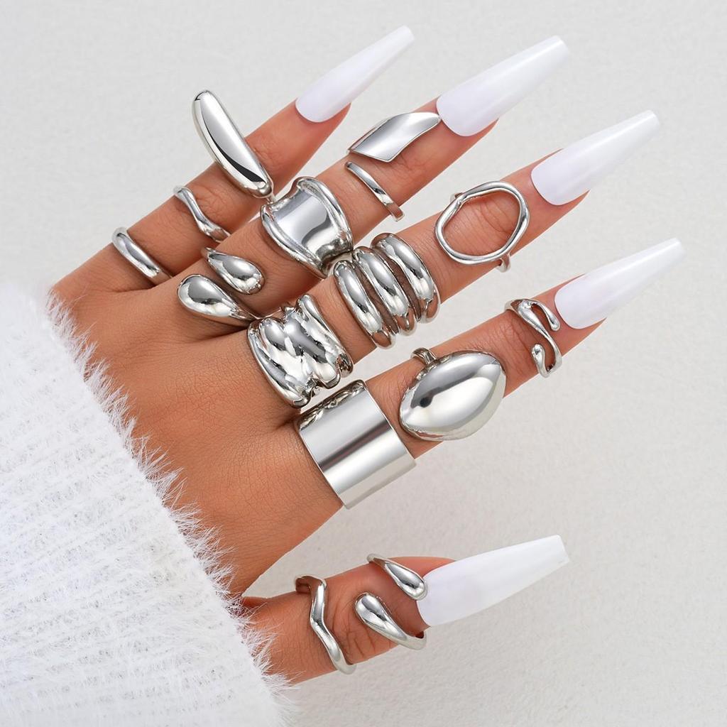 European & American Metal Texture Ring Set: Smooth, Exaggerated Geometric Open Rings for Women