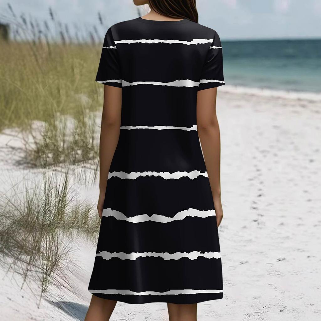 Short Sleeve Boho Dress For Women Casual Loose Fit Summer Sundress Floral Print Dress With Pockets