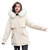 Winter Women Jacket Furry Hood Long Sleeves Drawstring Waist Pockets Zipper And Button Closure Windbreaker Mid Length Solid Color Windproof Warm Coat