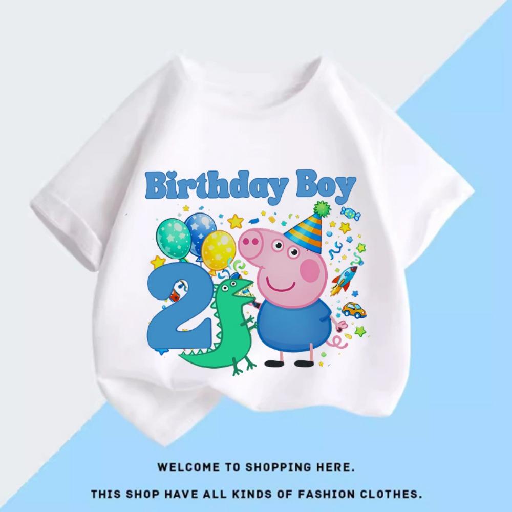 Peppas George Pigs Boy Birthday Clothes Cartoon Kids Number T Shirt Short Sleeve Cotton Tops Summer Child Birthday Party Tees