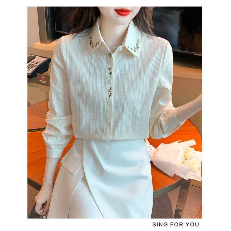 Women S Cotton Long Sleeve Embroidered Loose Fit Shirt For Spring Autumn