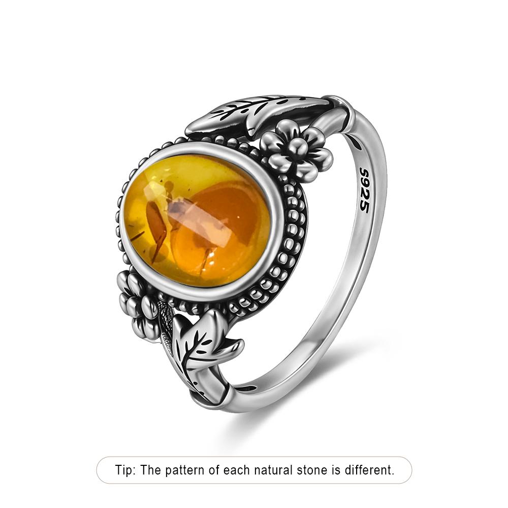 Кольцо из стерлингового серебра с натуральным янтарём, в форме цветка, овальное, лепестки, янтарные камни, подарки, изысканные украшения для женщин