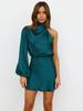 Elegant Satin Long Sleeve One Shoulder Dress For Autumn Winter Formal Events