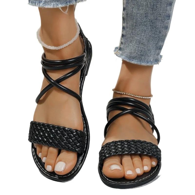 Мода 2025 Высокое качество Женская обувь Женские римские сандалии на плоской подошве с эластичной лентой Летние сандалии с открытым носком Повседневные сандалии на плоской подошве Большой размер Однотонные сандалии на плоской подошве