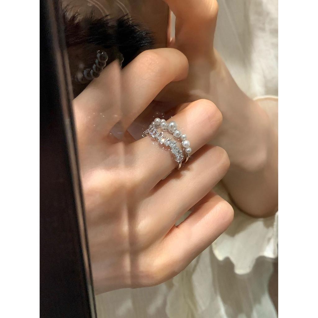Elegant Vintage Style Double Layer Open Ring With Zircon And Pearl For Women