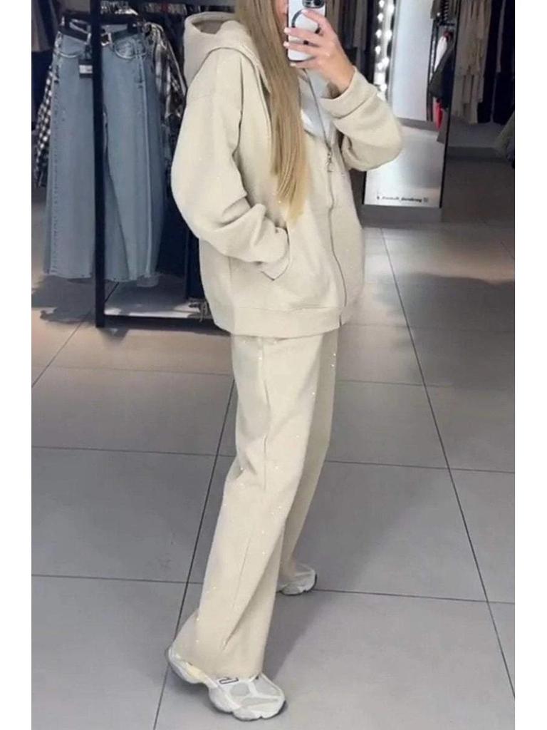 Европейский и Американский Комплект из Двух Предметов: Худи и Широкие Брюки - Женский Повседневный Осенне-Зимний Спортивный Костюм на Молнии с Полной Декорацией Стразами